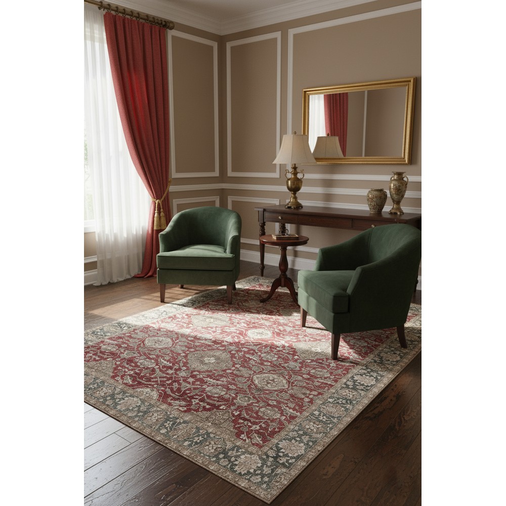 Vezura V10301 Bambu Kırmızı Gri Halı - Vintage Klasik Desen Salon Şıklığı, oda içi kullanım