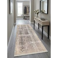 Bej ve Gri Tonlu Soyut Modern Yıkanabilir Bambu Halı, yolluk antre halısı