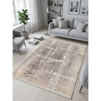 Bej ve Gri Tonlu Soyut Modern Yıkanabilir Bambu Halı, oturma odası halısı