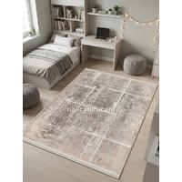 Bej ve Gri Tonlu Soyut Modern Yıkanabilir Bambu Halı, öğrenci evi halısı