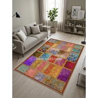 Quintesa Patch169 Patchwork Bambu Halı: Yaşam Alanlarınızda Kültürel Derinlik ve Sofistike Zarafet, modern oturma odasında kullanım