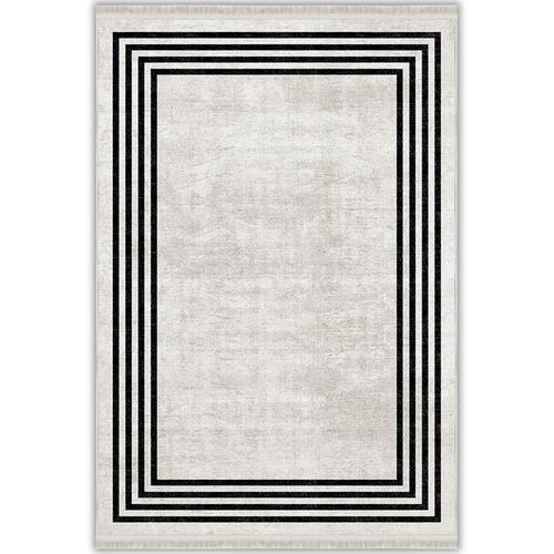 Krem Siyah Çerçeveli Minimalist Modern Yıkanabilir Şönil Salon Halısı - Sombra Koleksiyonu (S11601)