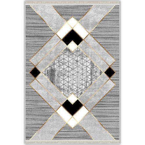 Gri Altın Geometrik Baklava Desenli Modern Yıkanabilir Şönil Salon Halısı - Sombra Koleksiyonu (S10681)