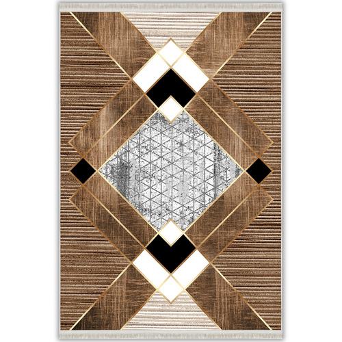 Kahverengi Bronz Geometrik Baklava Desenli Modern Yıkanabilir Şönil Salon Halısı - Sombra Koleksiyonu (S10682)