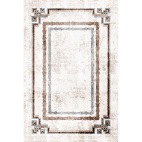 Krem Vizon Kahve Geometrik Fırça Efektli Modern Yıkanabilir Şönil Salon Halısı - Sombra Koleksiyonu (S11092)