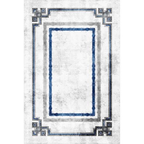 Gri Mavi Geometrik Fırça Efektli Modern Yıkanabilir Şönil Salon Halısı - Sombra Koleksiyonu (S11093)