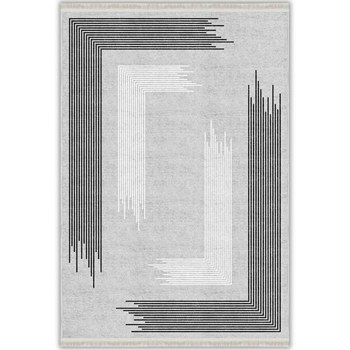 Gri Siyah Beyaz Çizgili Geometrik Modern Yıkanabilir Şönil Salon Halısı - Sombra Koleksiyonu (S11261)