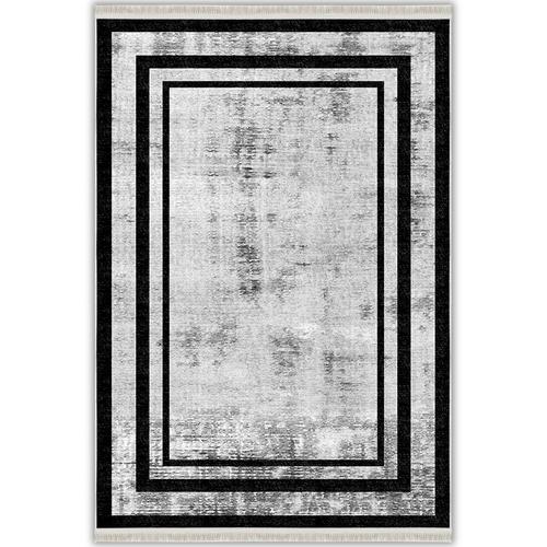 Gri Siyah Çerçeveli Eskitme Desenli Modern Yıkanabilir Şönil Salon Halısı - Sombra Koleksiyonu (S11321)